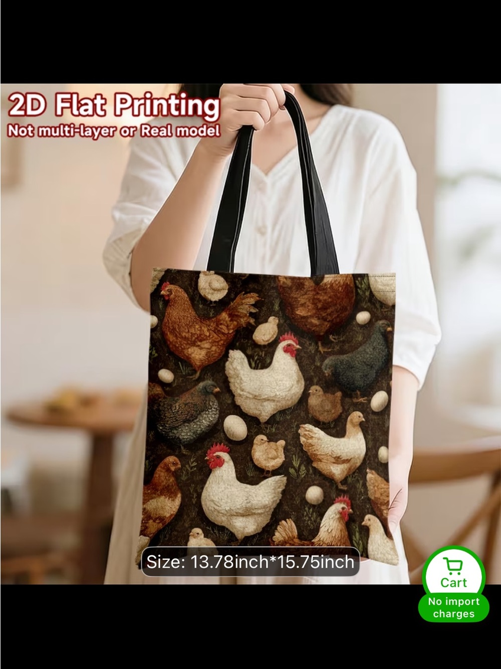 Chicken Print Brown Canvas Tote Bag with Black Handles